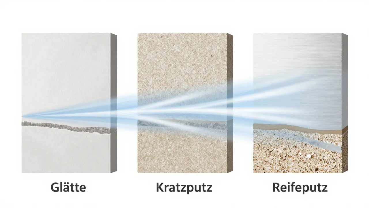 Querschnitt dreier Putzarten: Glatt, Kratz- und Reibeputz mit Luft- und Feuchtigkeitsströmen.