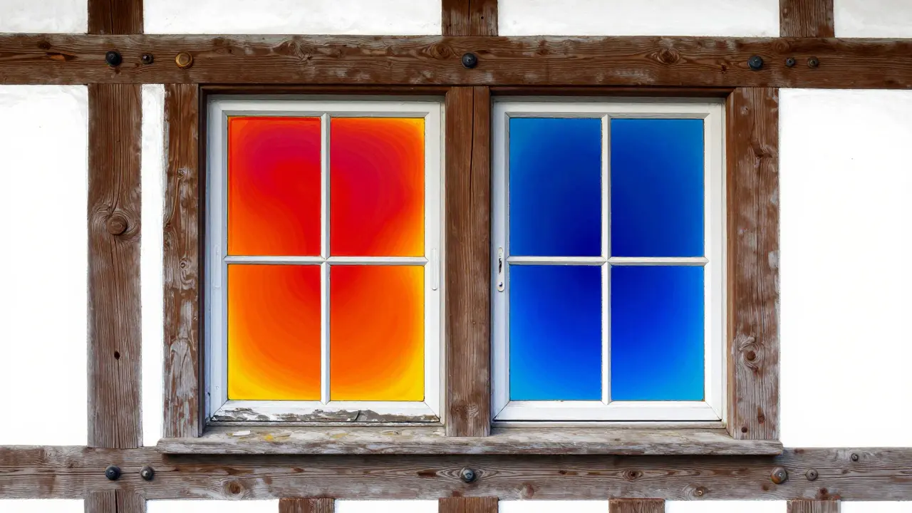 Querschnitt eines modernisierten Kastenfensters mit thermischer Darstellung: Vakuumglas hält Wärme, während alte Isoliergläser kälter bleiben.