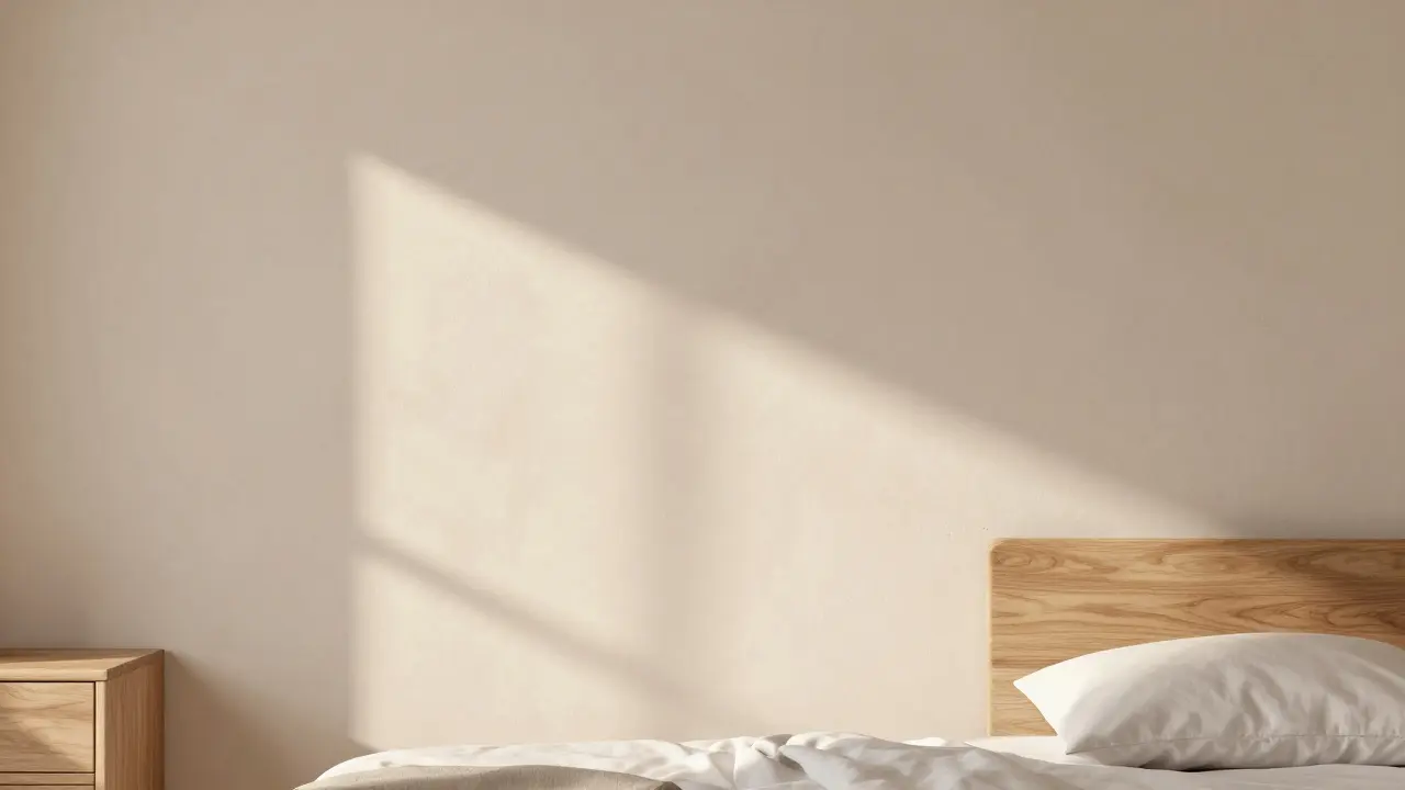 Reibeputz-Wand in Schlafzimmer, weiche Textur bei morgendlichem Licht, ruhige Atmosphäre.