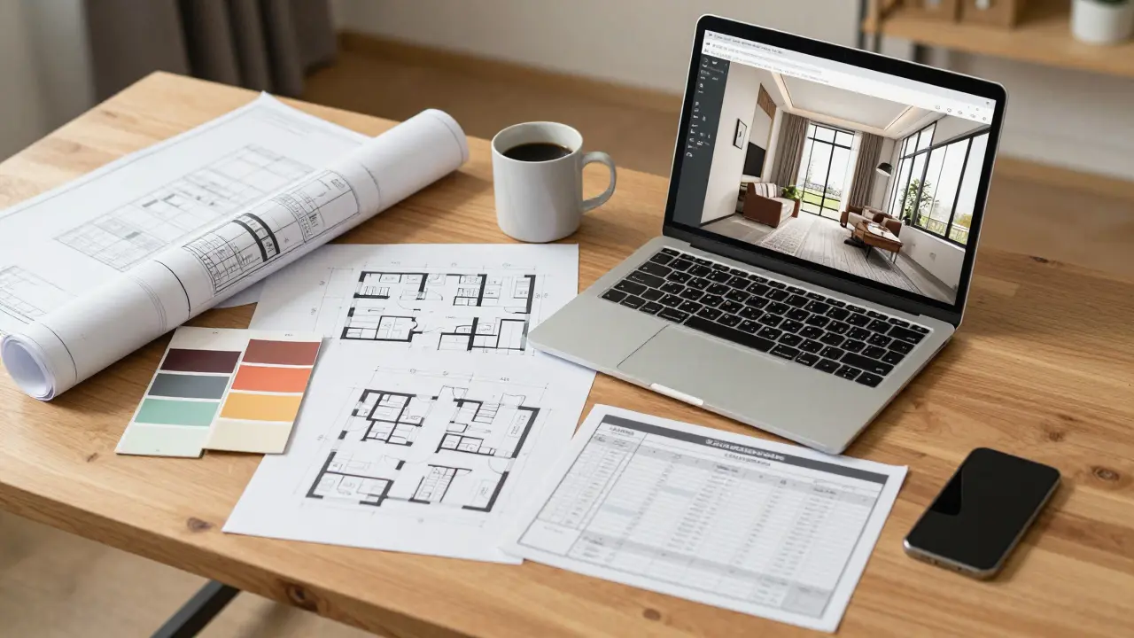 Renovierungspläne und Baupläne auf organischem Holzschreibtisch