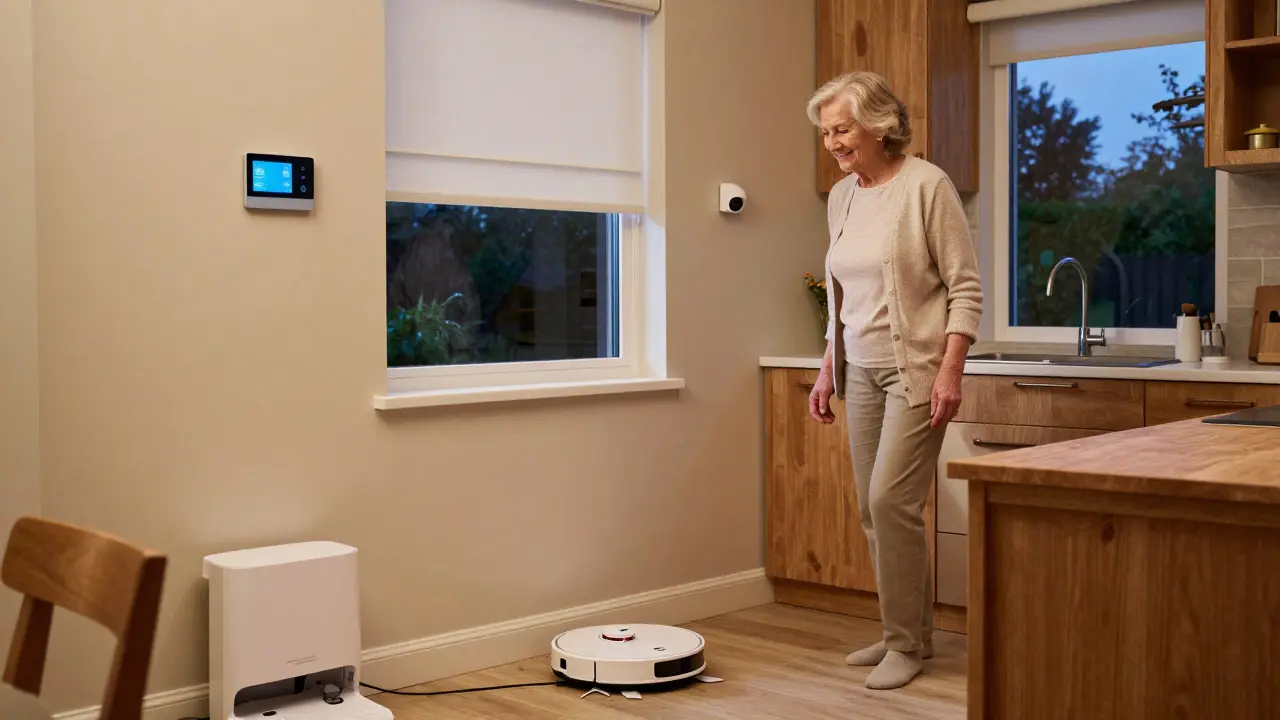 Roboterstaubsauger reinigt selbstständig in der Küche, während Rollläden und Heizung automatisch auf Abendmodus wechseln.