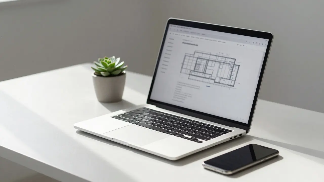 Sauberer Schreibtisch mit Technik zeigt effiziente digitale Vertragsabwicklung.