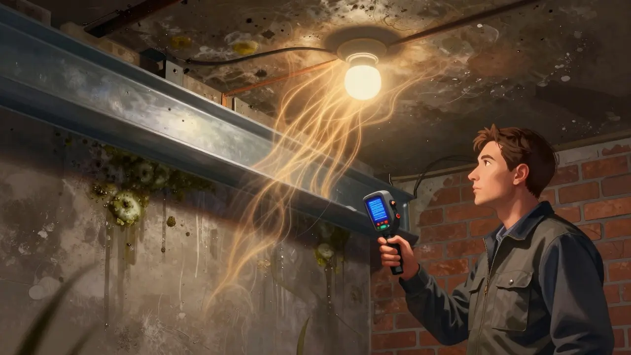 Stahlträger im Keller, der Wärme verliert, während ein Energieberater mit Wärmebildkamera misst.