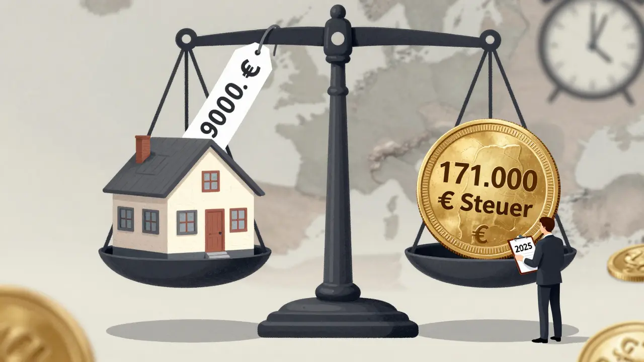 Surreale Waage mit Haus und Steuerbetrag, symbolisiert die neue Wegzugsbesteuerung ab 2025.