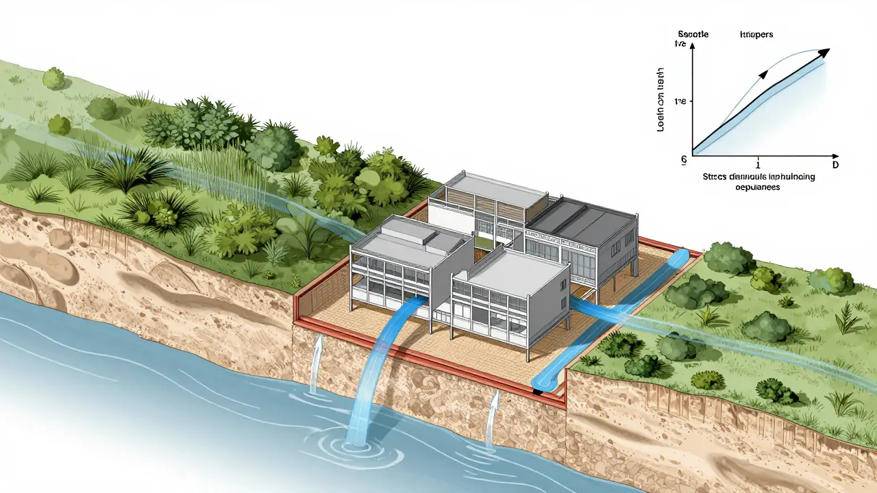 Technische Darstellung eines Hochwasserrückhalteraums mit Ausgleichsfläche und hochwasserfestem Gebäude.