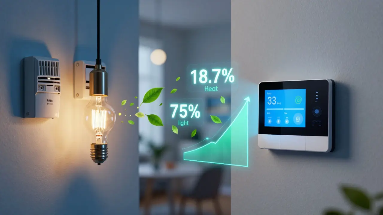 Vergleich: Alte Heizungsregler und Glühbirnen neben modernen Smart-Home-Geräten, die Energie sparen — mit eingebetteten Einsparzahlen.