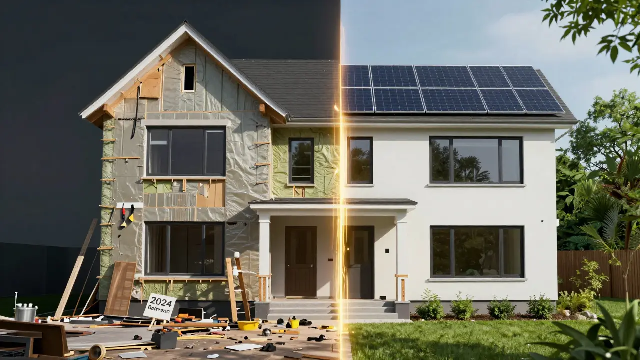 Vergleich: chaotische Teilsanierung links, perfekt abgestimmte Komplettsanierung rechts mit Energiefluss zwischen beiden.