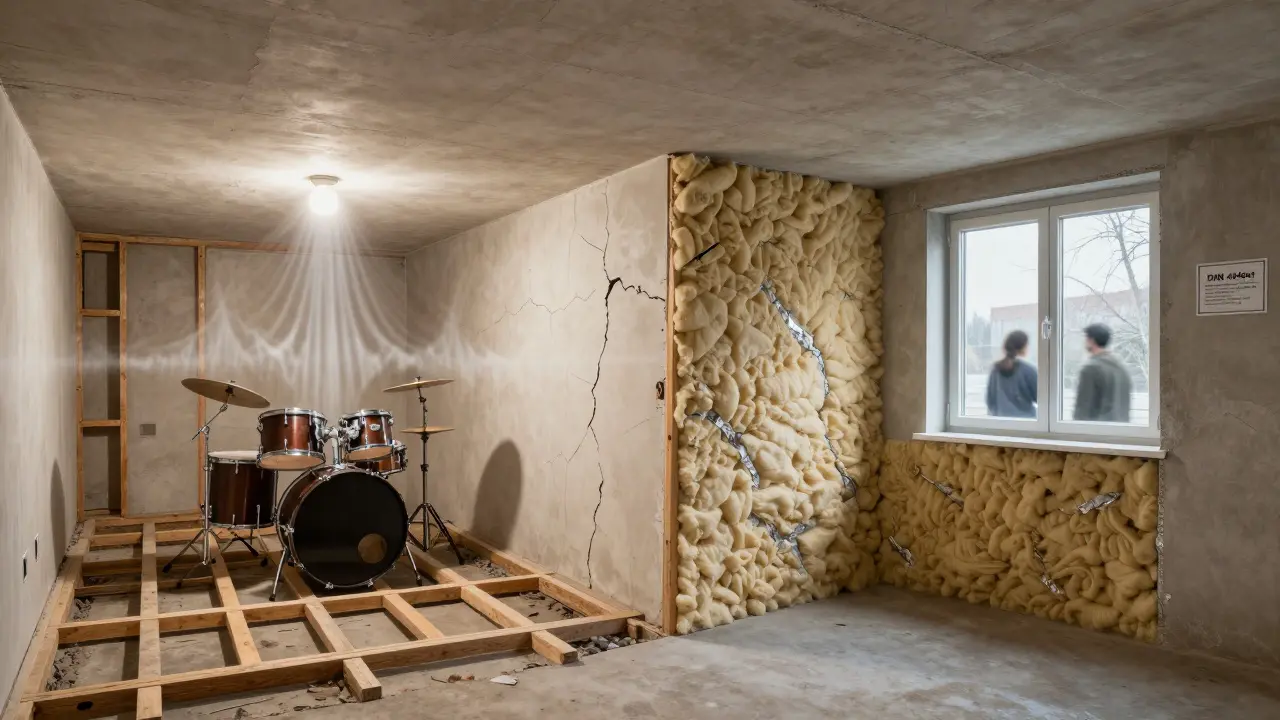 Vergleich: Links ein schlecht isolierter Keller mit Lärmstörung, rechts ein schalldichter und brandschutzkonformer Hobbyraum.