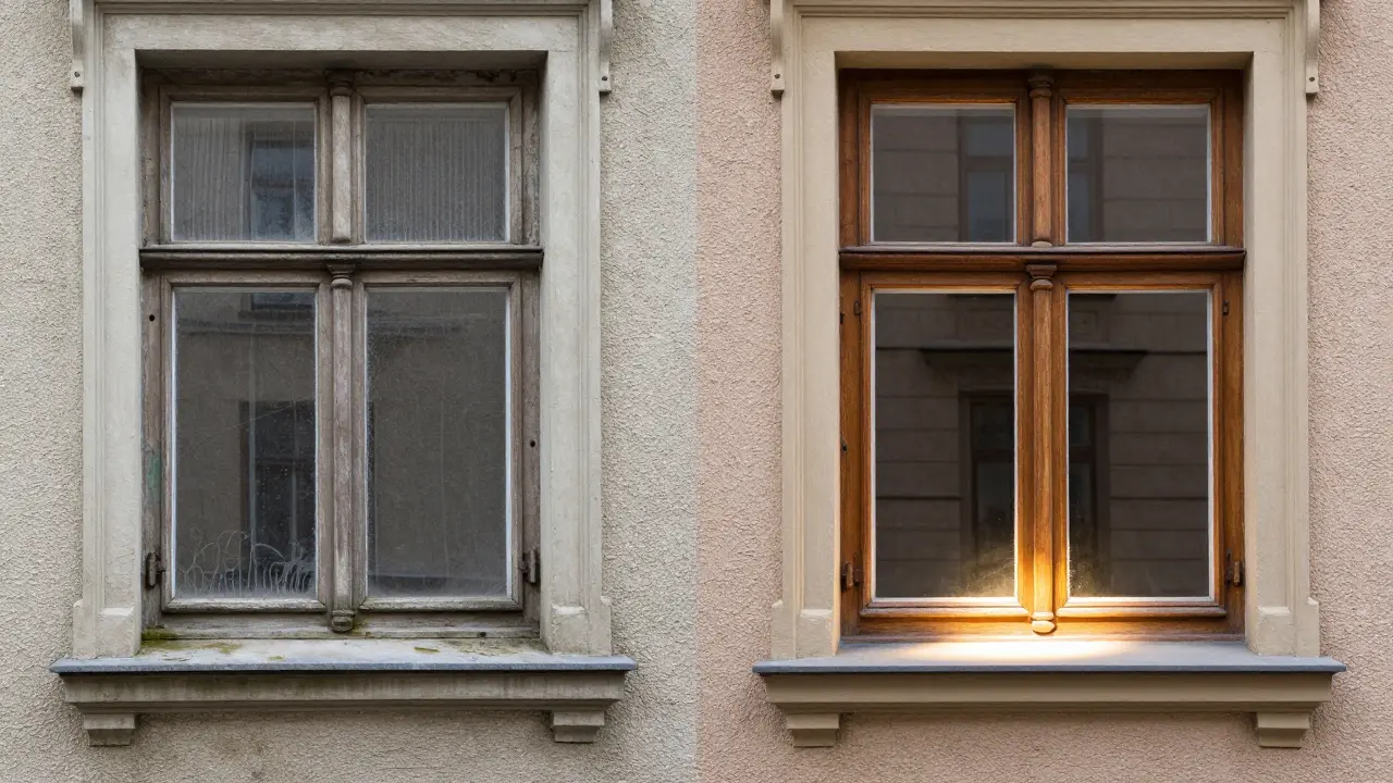 Vergleich zweier Fenster: links mit Kondenswasser und Schimmel, rechts nach Sanierung mit Vakuumglas – warm und trocken.