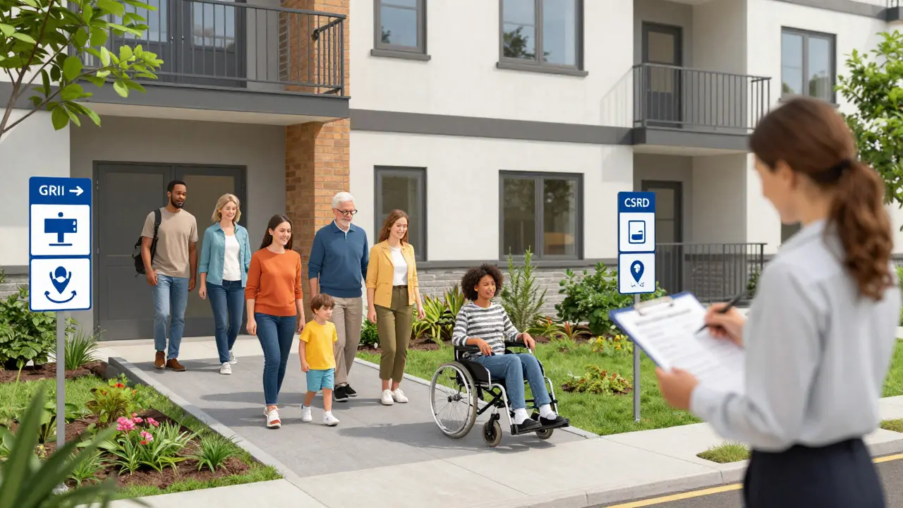 Vielfältige Mieter betreten barrierefreies Wohnhaus mit Gemeinschaftsgarten und öffentlichen Verkehrsanbindungen