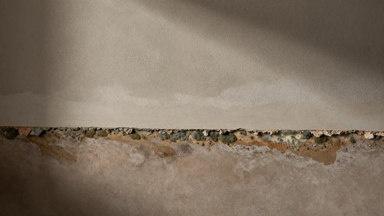 Wandquerschnitt mit Schimmel, Grundierung und schutzender Feuchtraumfarbe – technisch präzise, aber ästhetisch dargestellt.