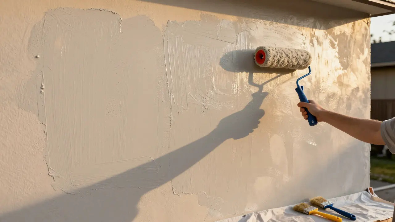 Zwei-Schichten-Anstrich einer Putzfassade: Durchtränkende Grundierung und Deckfarbe mit Rollentechnik.
