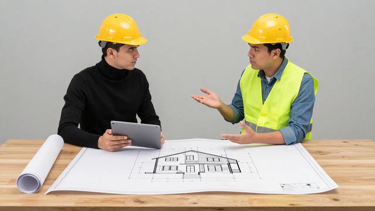 Architekt und Bauunternehmer diskutieren über Baupläne.