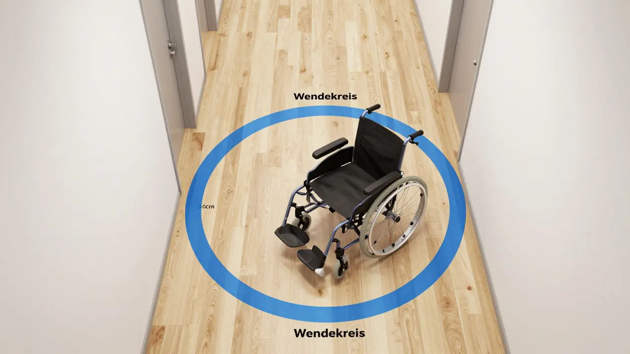 Architektonische Darstellung eines 150 cm Wendekreises für Rollstühle in einem barrierefreien Flur.