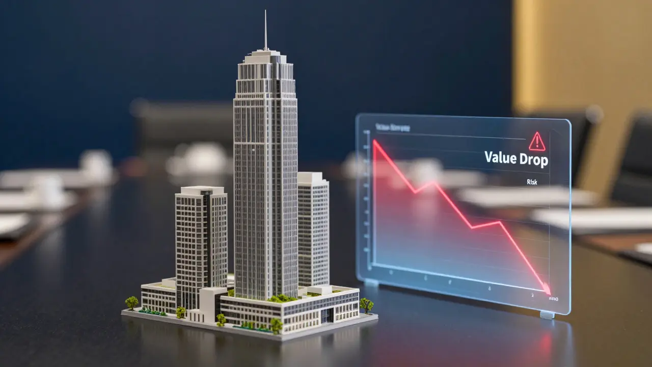Architekturmodell mit einem holografischen Diagramm, das einen Wertverlust darstellt.