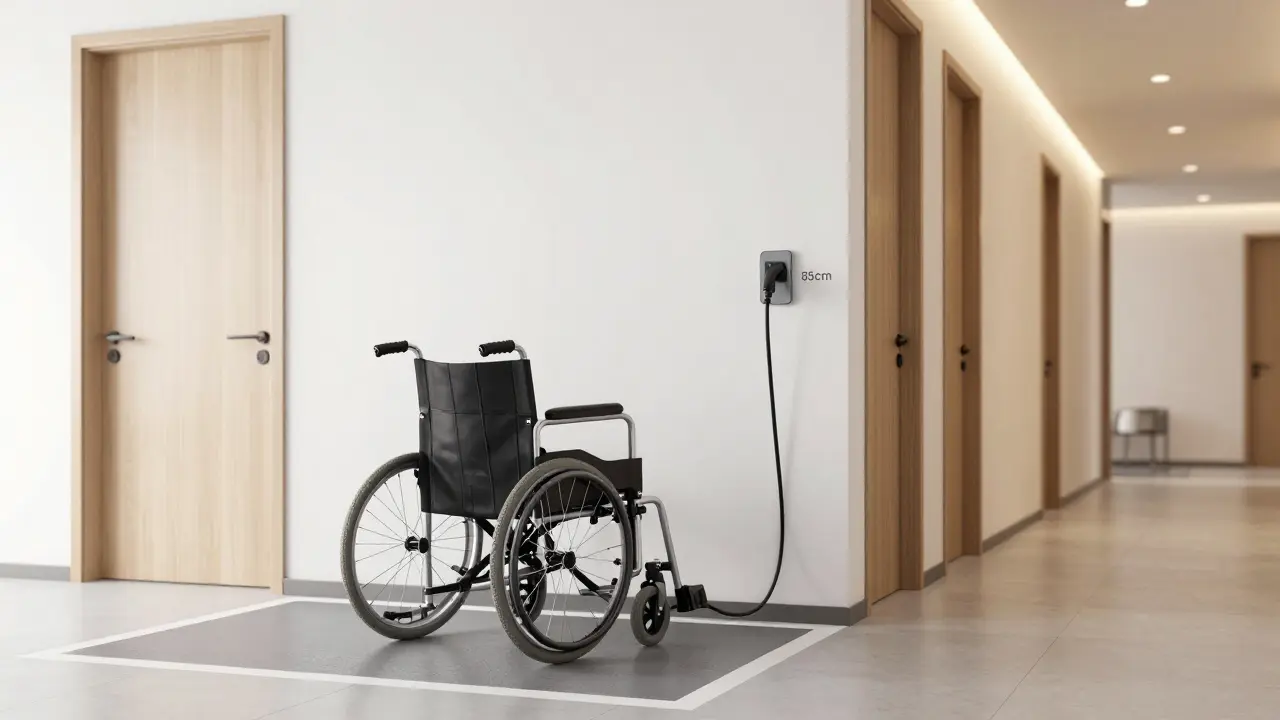 Barrierefreier Flur mit Elektro-Rollstuhl und einer strategisch platzierten Steckdose auf 85 cm Höhe.