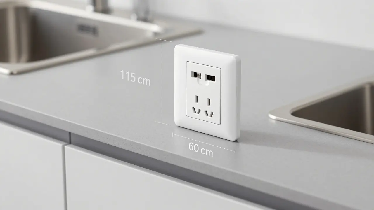 Detailansicht der ergonomischen Höhe einer Steckdose über einer Küchenarbeitsplatte.