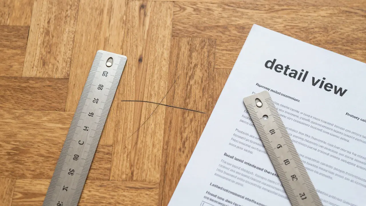 Detailaufnahme eines Parkettkratzers mit einem Lineal als Maßstab zur Beweissicherung.