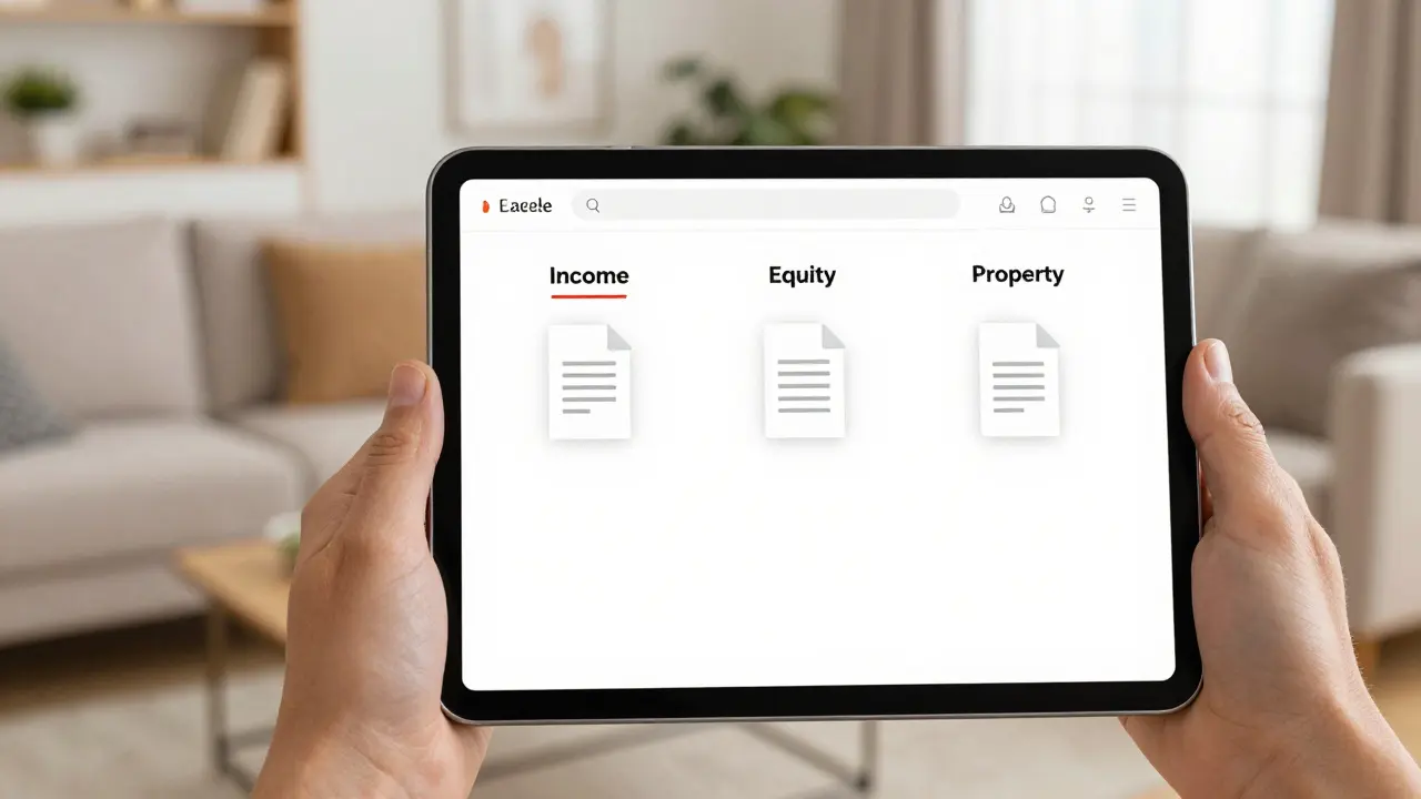 Digitale Ordner mit Finanznachweisen auf einem Tablet vor einem modernen Wohnzimmer.