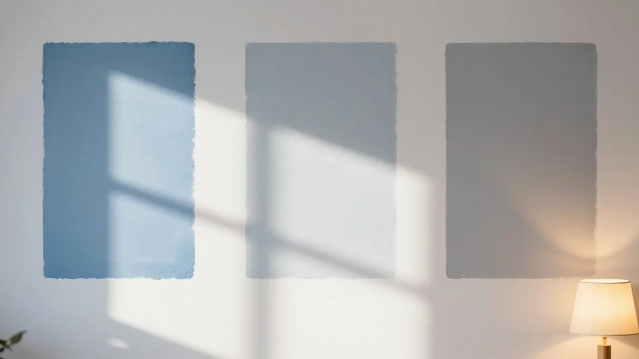 Drei Farbmuster an einer Wand unter verschiedenen Lichtverhältnissen von morgens bis abends.