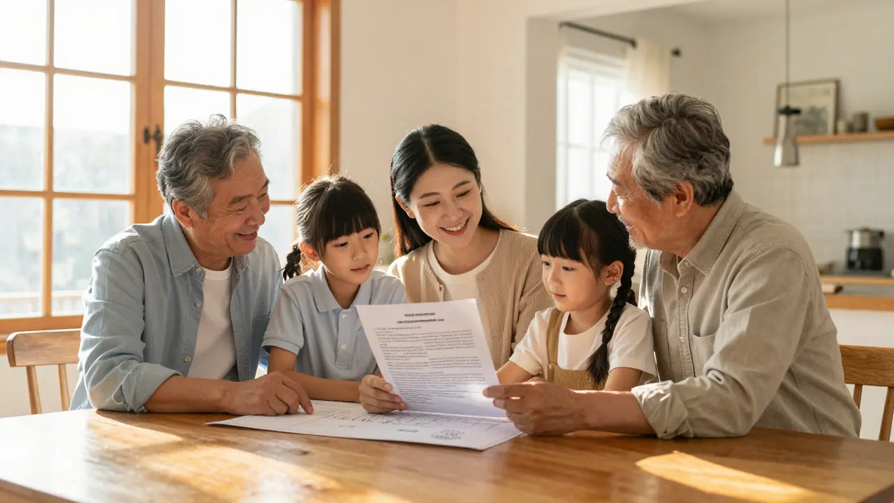 Drei Generationen einer Familie besprechen gemeinsam die Hauspläne am Esstisch.