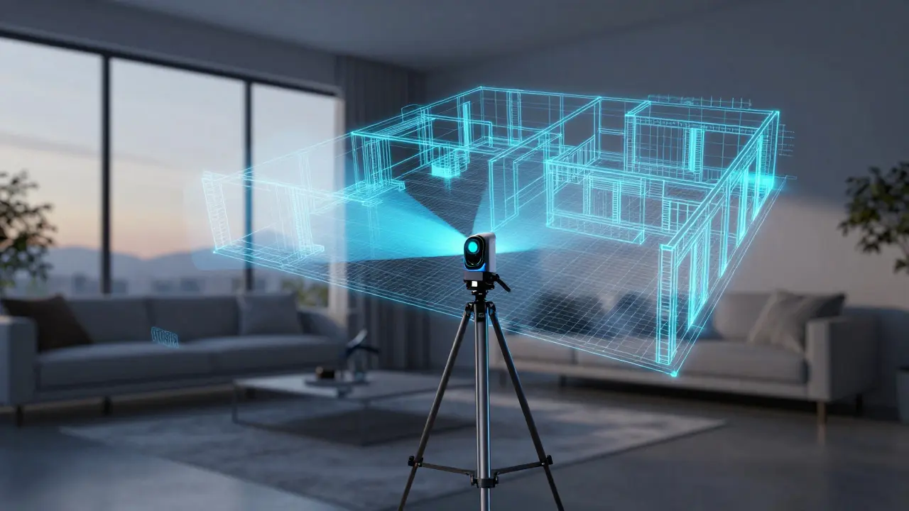 Ein 3D-Scanner erstellt ein digitales Gittermodell eines Wohnzimmers für die Dokumentation.