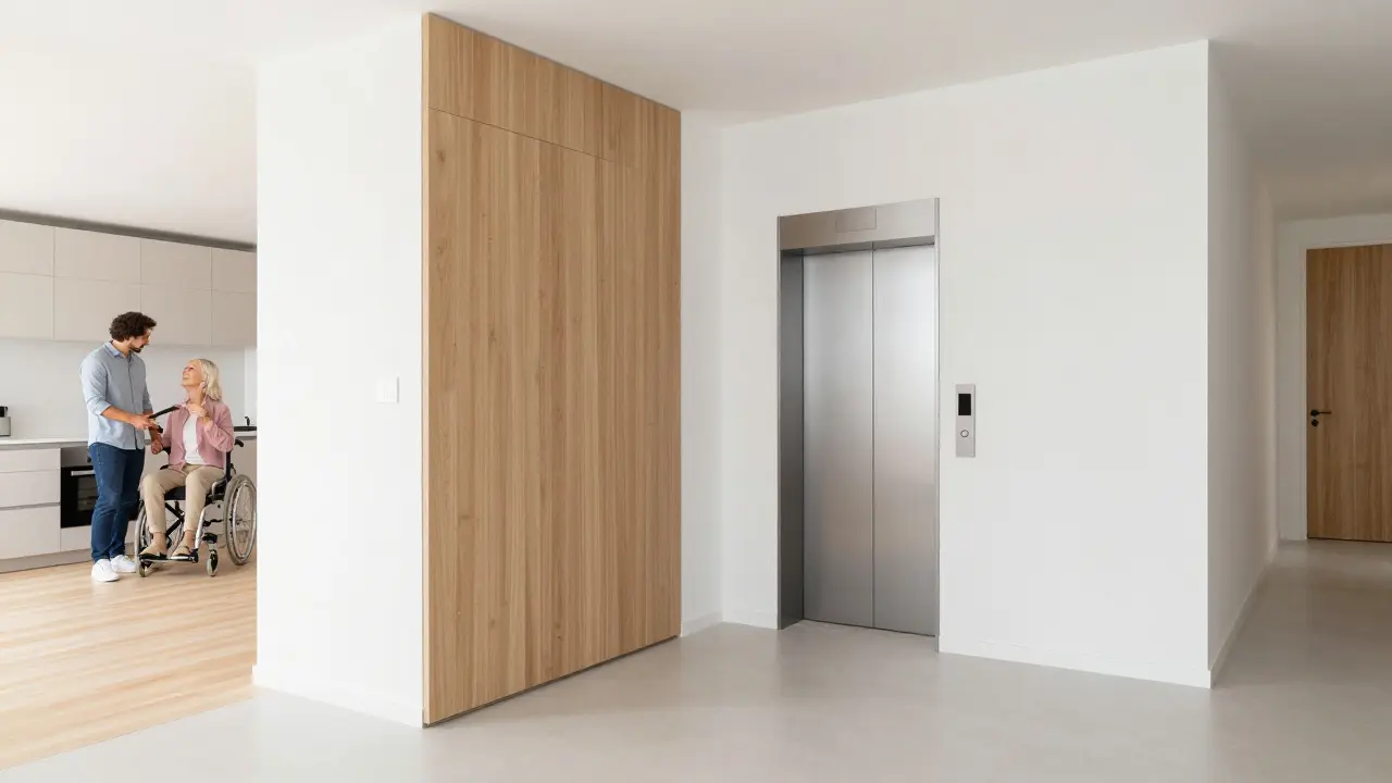 Ein barrierefreier, moderner Flur mit Aufzug in einem Generationenhaus.