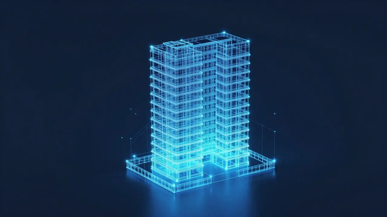 Ein blaues digitales 3D-Modell eines Gebäudes (BIM).