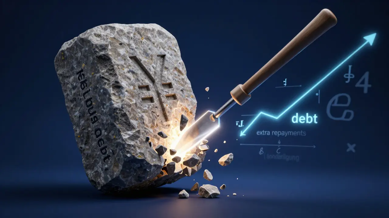 Ein glühender Meißel zertrümmert einen Steinblock, symbolisch für die Senkung der Restschuld