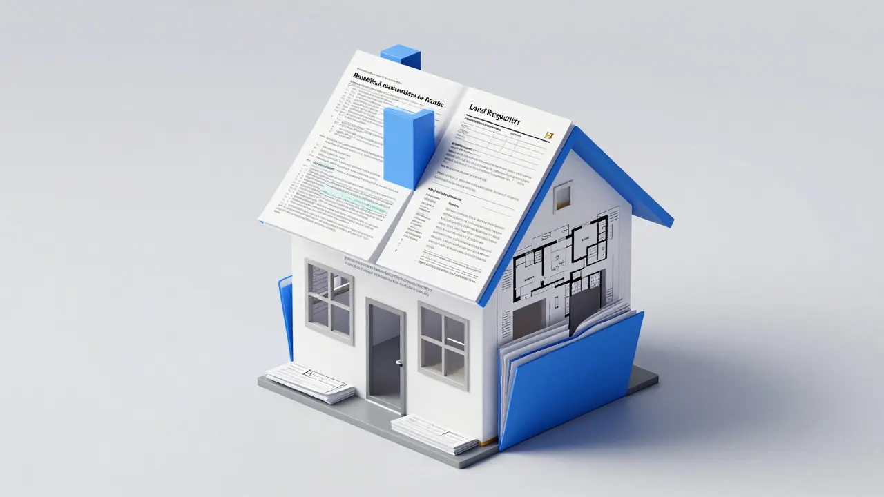 Ein Haus, das symbolisch aus Finanzdokumenten und Grundbuchauszügen aufgebaut ist.