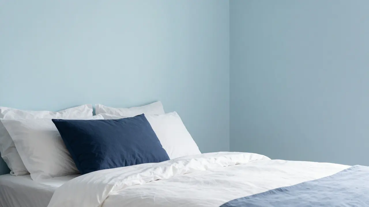 Ein Schlafzimmer in sanften Blautönen mit harmonisch abgestimmten Textilien für eine entspannende Atmosphäre.