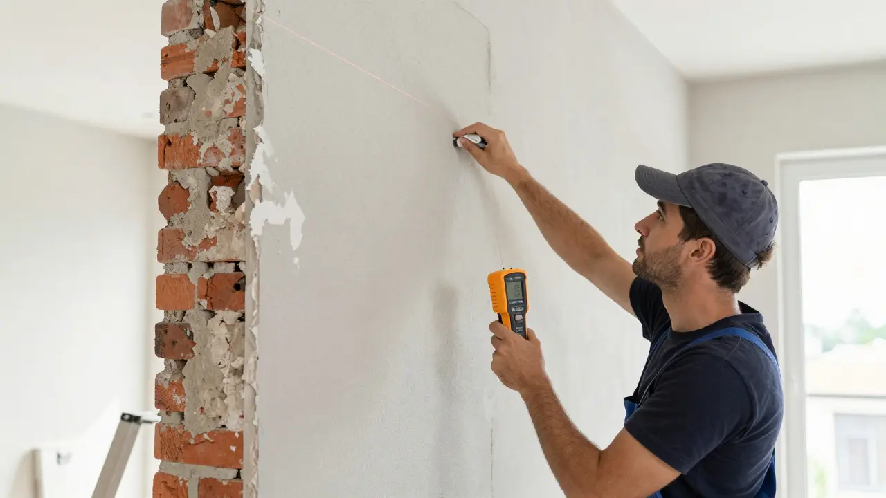 Fachmann führt Feuchtemessung und Sanierung einer Wand durch