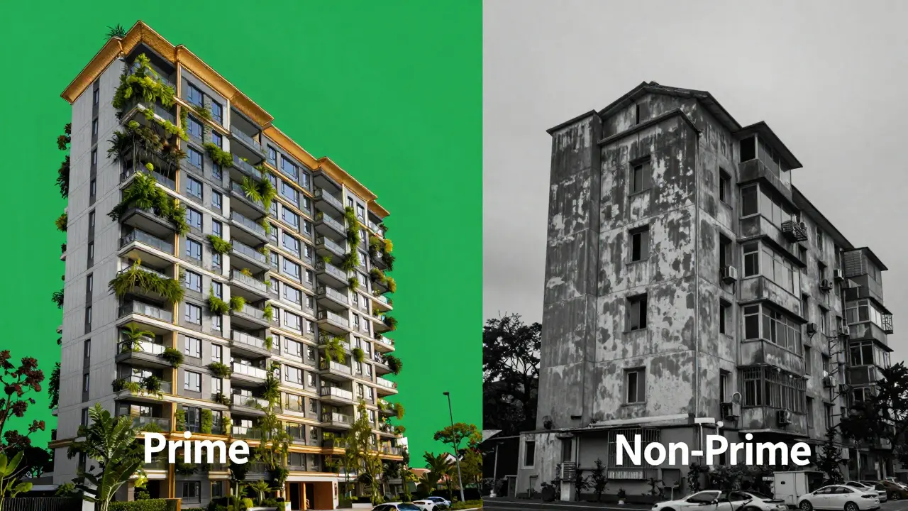 Gegenüberstellung einer luxuriösen Prime-Immobilie und eines sanierungsbedürftigen Non-Prime-Objekts.
