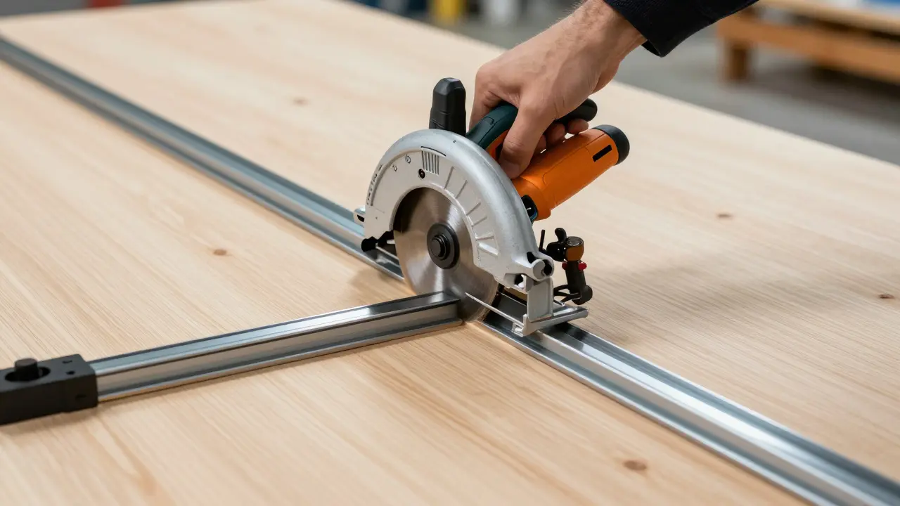 Handkreissäge schneidet mit Führungsschiene eine gerade Linie in Holz