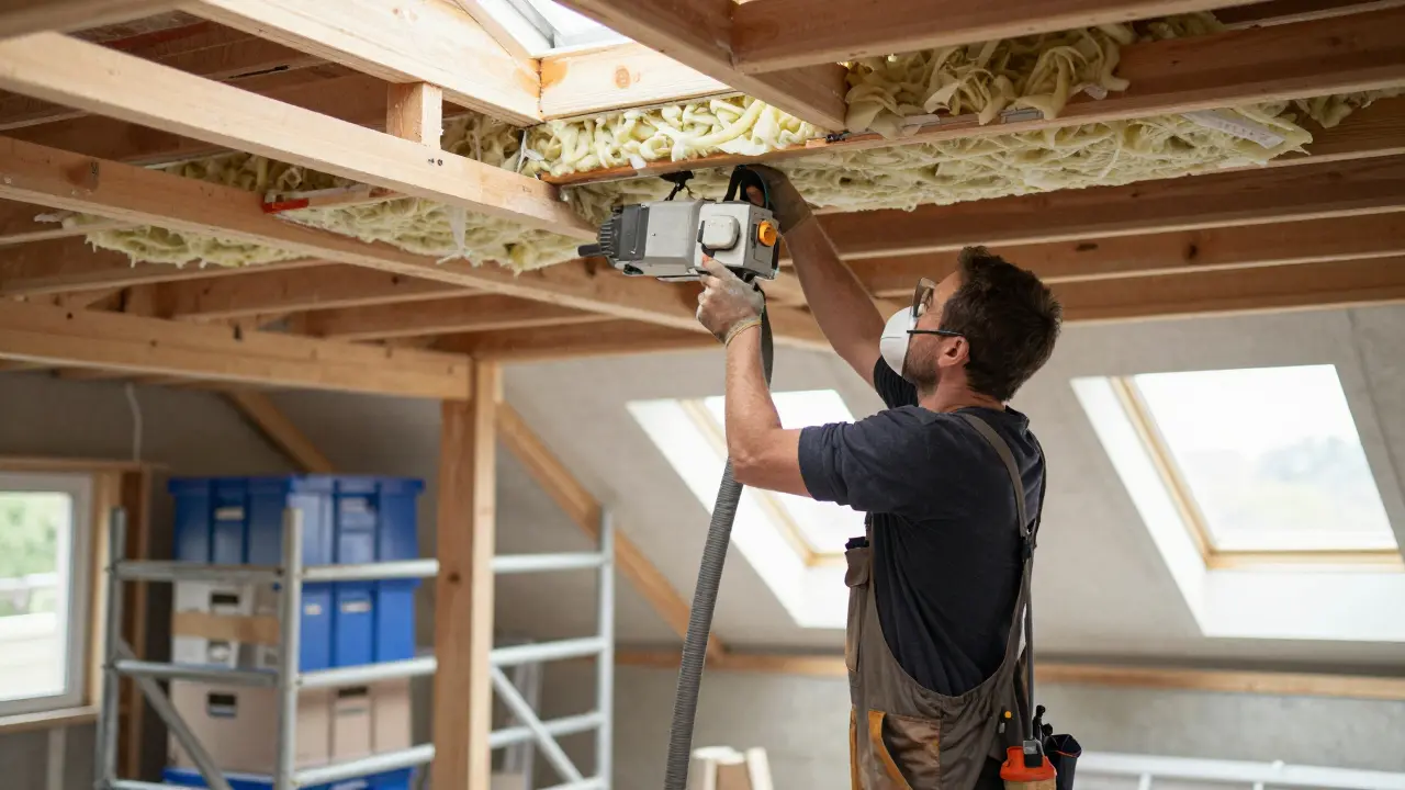 Handwerker arbeitet bei der Dachbodendämmung mit Schutzkleidung