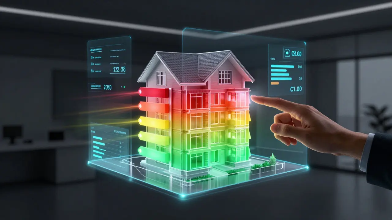 Holografisches 3D-Modell eines Hauses zur Visualisierung von Energieeinsparungen.