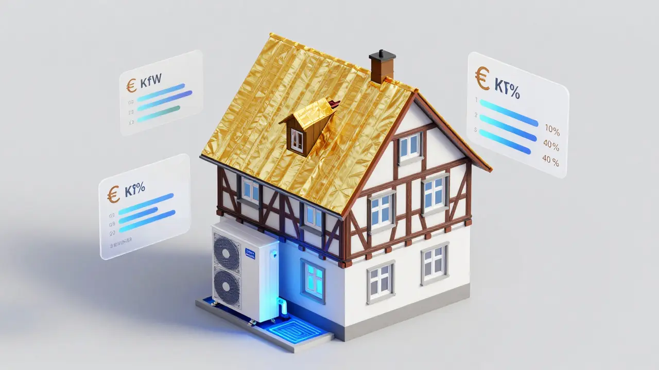 Isometrische Darstellung eines Hauses mit markierten Sanierungsmaßnahmen und digitalen Kostenanzeigen.