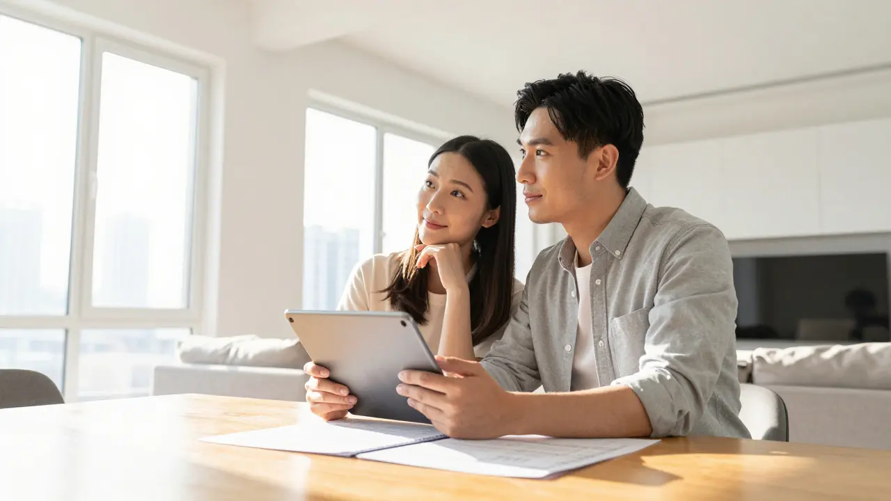 Junges Paar plant strategisch den Immobilienkauf in einem hellen, modernen Wohnzimmer.