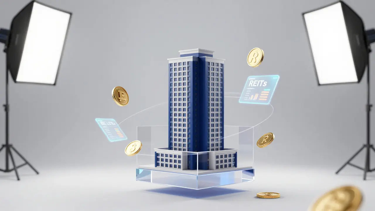 Konzeptgrafik zur Diversifikation von Immobilienanlagen durch REITs und physische Objekte.