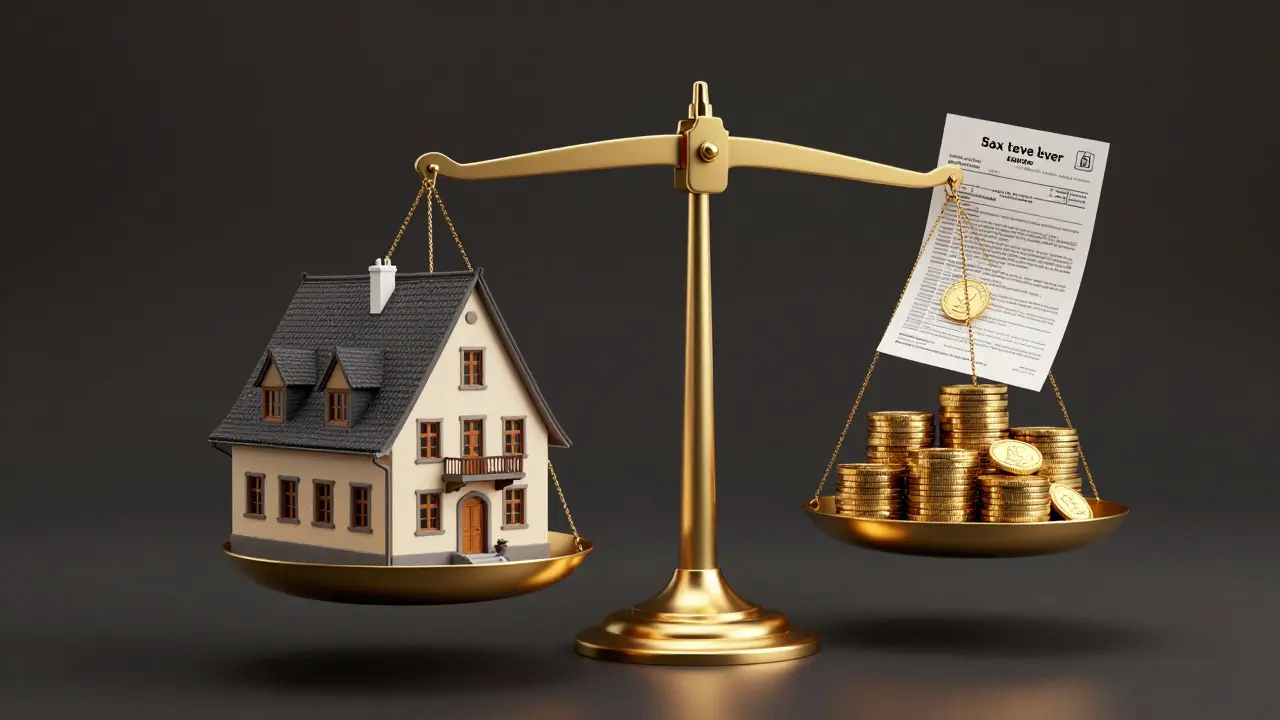 Konzeptuelle Darstellung einer historischen Immobilie auf einer goldenen Waage mit Münzen.
