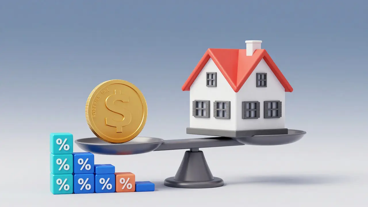 Konzeptuelle Waage mit einem Haus und Gewichten, welche die verschiedenen Erwerbskosten darstellen.