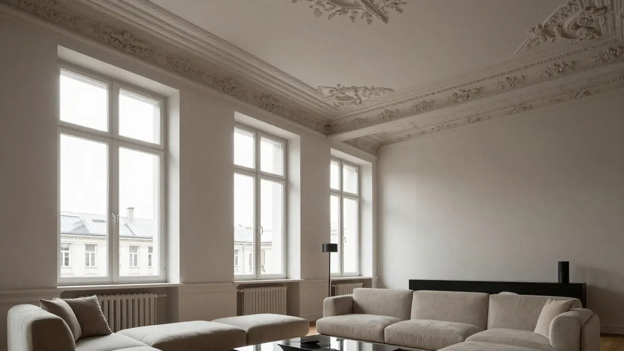 Luxuriöse Altbauwohnung mit Stuckdecken und hohen Fenstern nach der Sanierung.