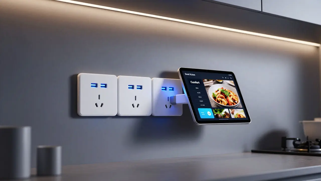 Moderne Küchenwand mit integrierten USB-C Anschlüssen und einem Tablet.