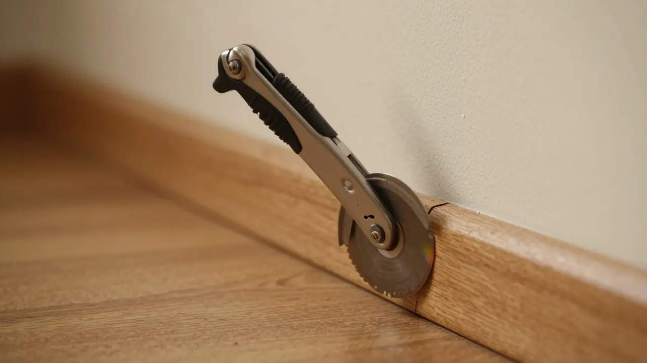 Multitool schneidet bündig eine Fußleiste in einer Raumecke