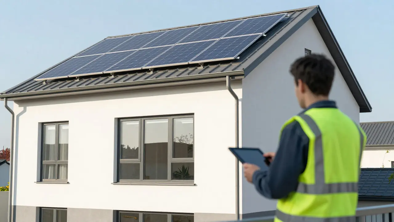 Nahaufnahme eines energieeffizienten Wohnhauses mit Solaranlagen und einem Experten mit Tablet.