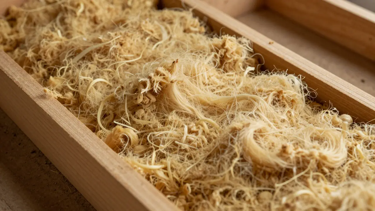 Nahaufnahme von Einblasdämmung zwischen Holzbalken