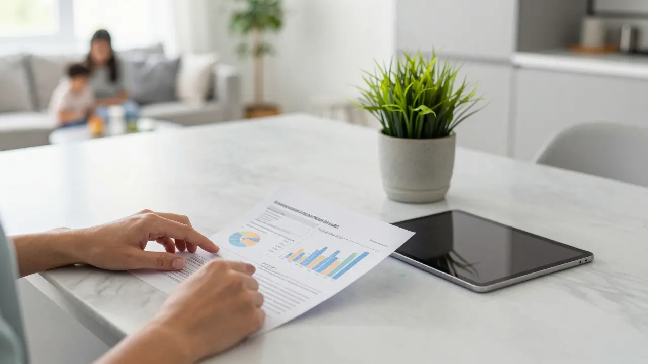 Person plant strategisch ihre Finanzen am Tablet in einem hellen, modernen Zuhause