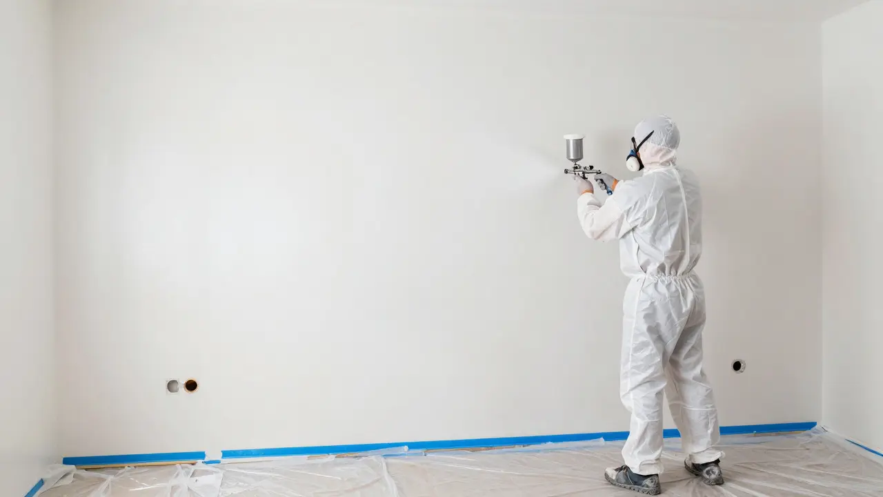 Professioneller Maler mit Atemschutzmaske benutzt ein Airless-Sprühsystem an einer großen Wand.