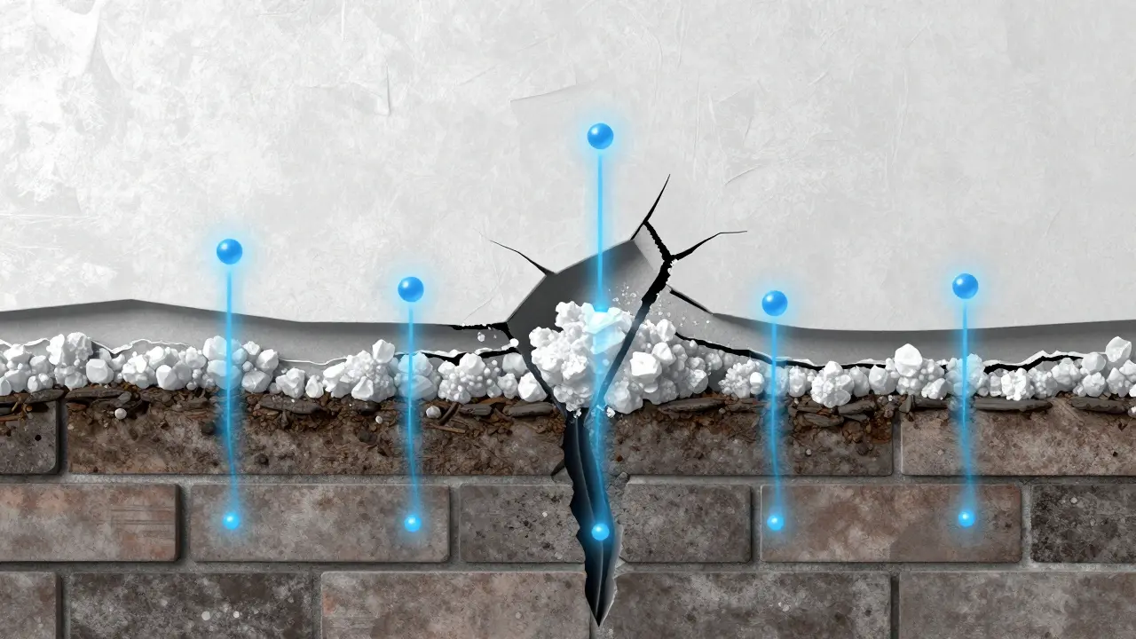 Schematische Darstellung von aufsteigender Feuchtigkeit und Salzkristallisation in einer Wand