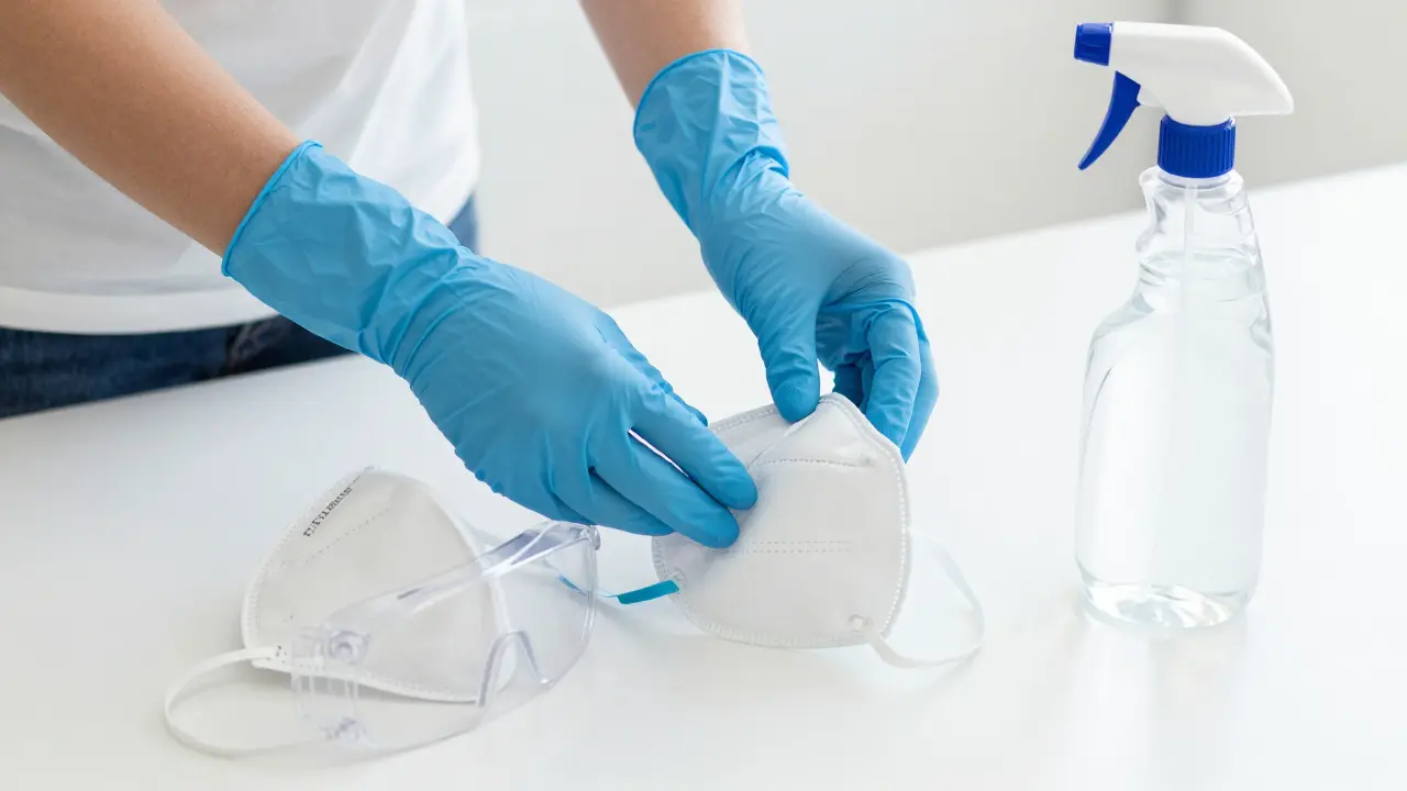 Schutzausrüstung bestehend aus FFP2-Maske, Schutzbrille, Handschuhen und Reinigungsspray.